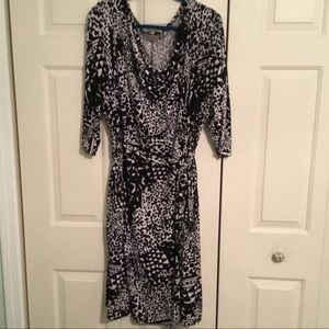 Black and white belted cowl neck dress